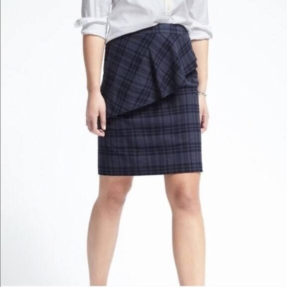 Banana Republic Ruffle Blue Plaid Pencil Skirt